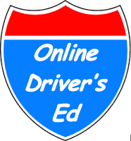 A blue and red interstate sign with the words " online driver 's ed ".